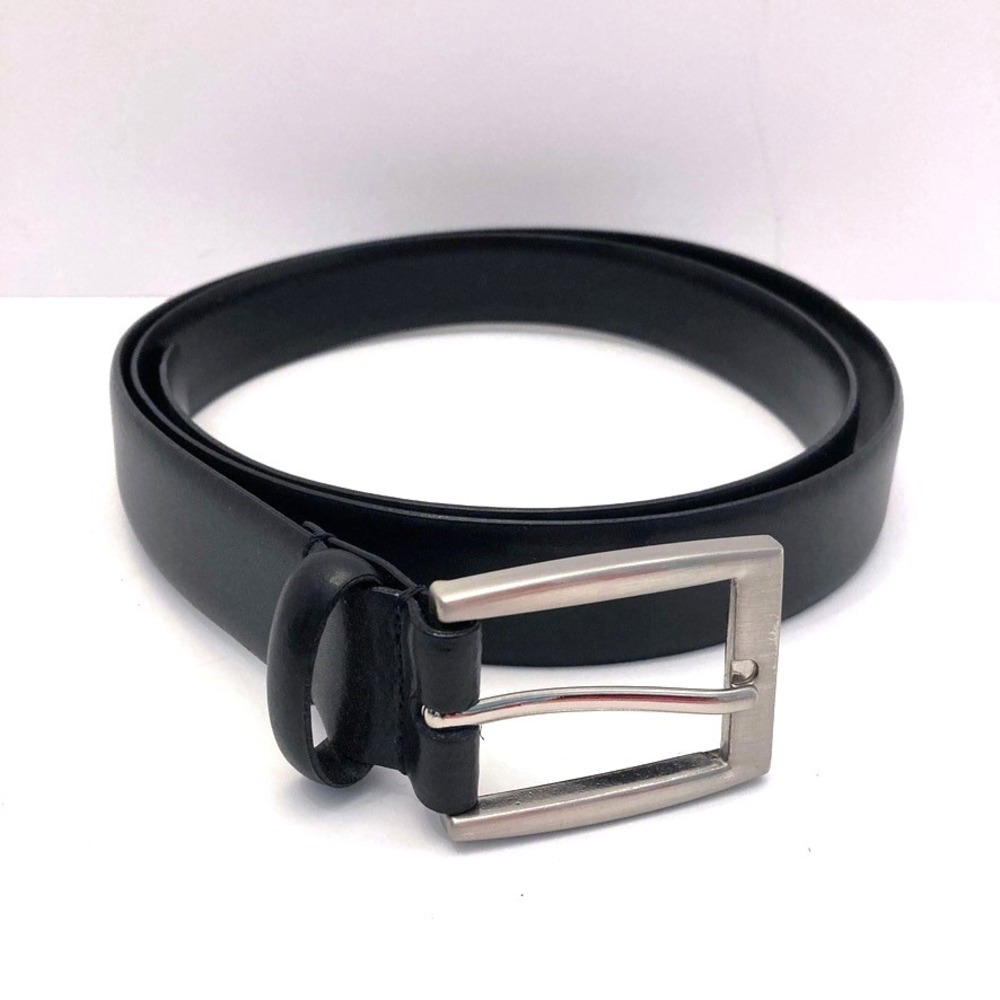 Black Italian Leather Belt‎ Mens 44, 1-1/8" Wide Silvertone Rectangular Buckle
